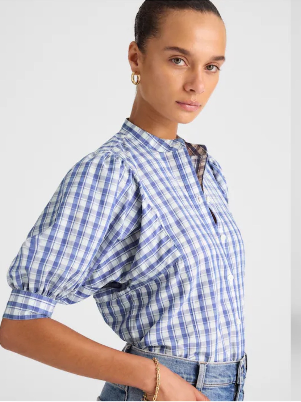 Puff-Sleeve Band-Collar Shirt
